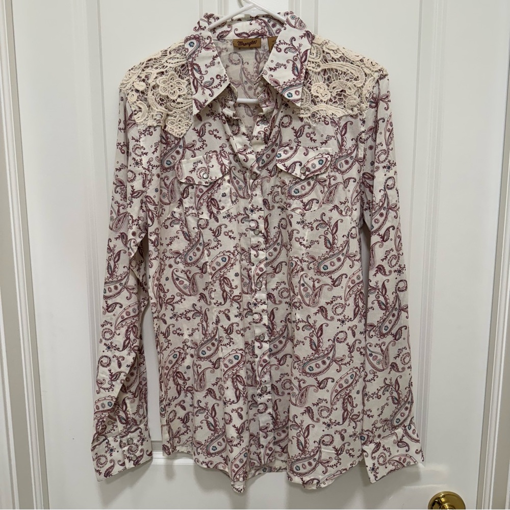 Wrangler Burgundy Paisley Pearl Snap Lace Embroidered Western Shirt Size M